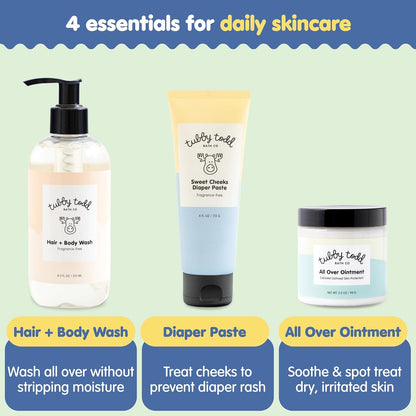TUBBY TODD Baby Bundle Newborn Skin Care Set - Hypoallergenic Hair + Body Wash, All Over Ointment with Colloidal Oatmeal, Sweet Cheeks Diaper Paste - Fragrance Free, Standard Size
