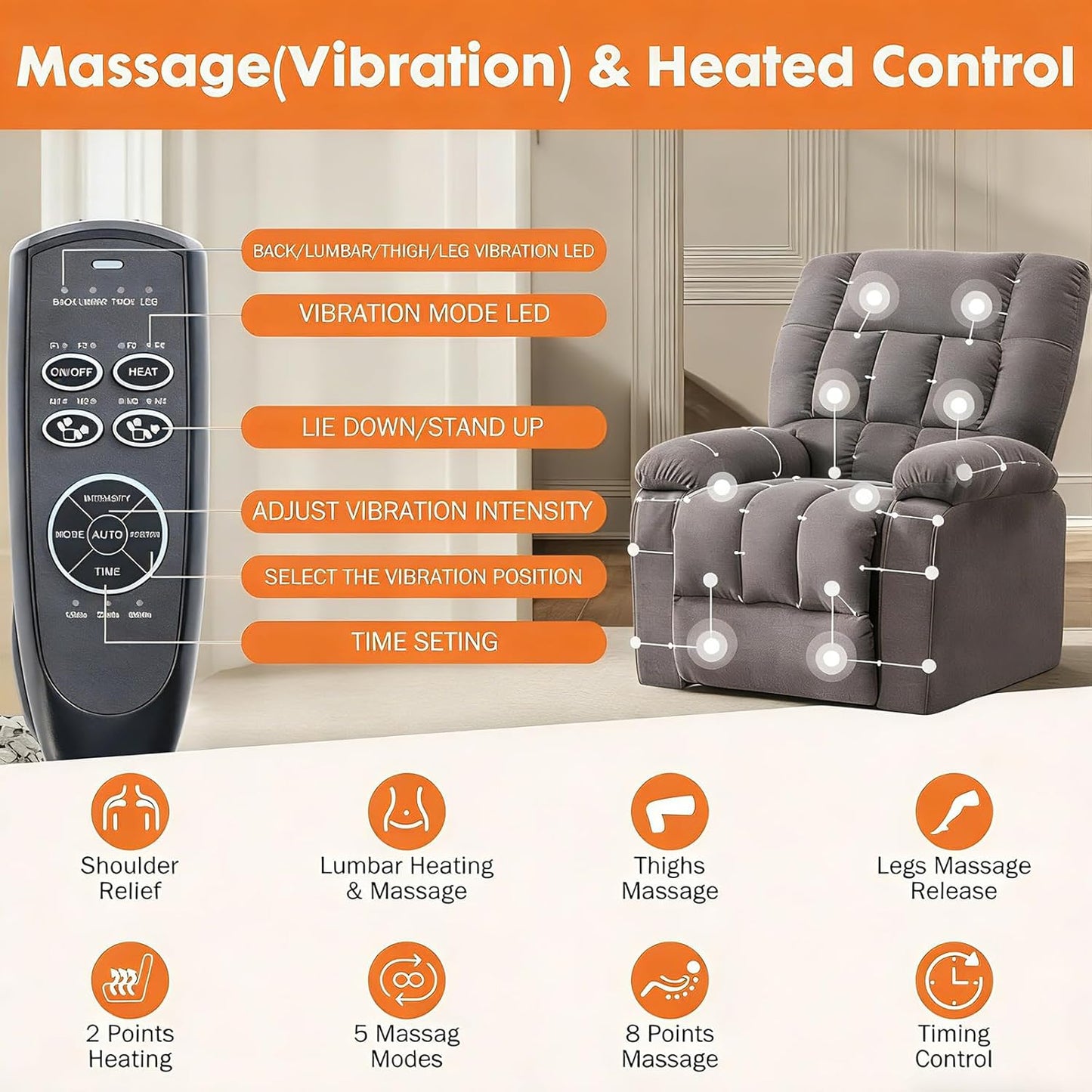 Power Lift Recliner Chair for Adult with Heated and Full Body Massage, Glider Nursery Chair with Cup Holder and USB Charge Port, Oversided Swivel Rocker Recliner for Living/Study/Bedroom Room, Grey