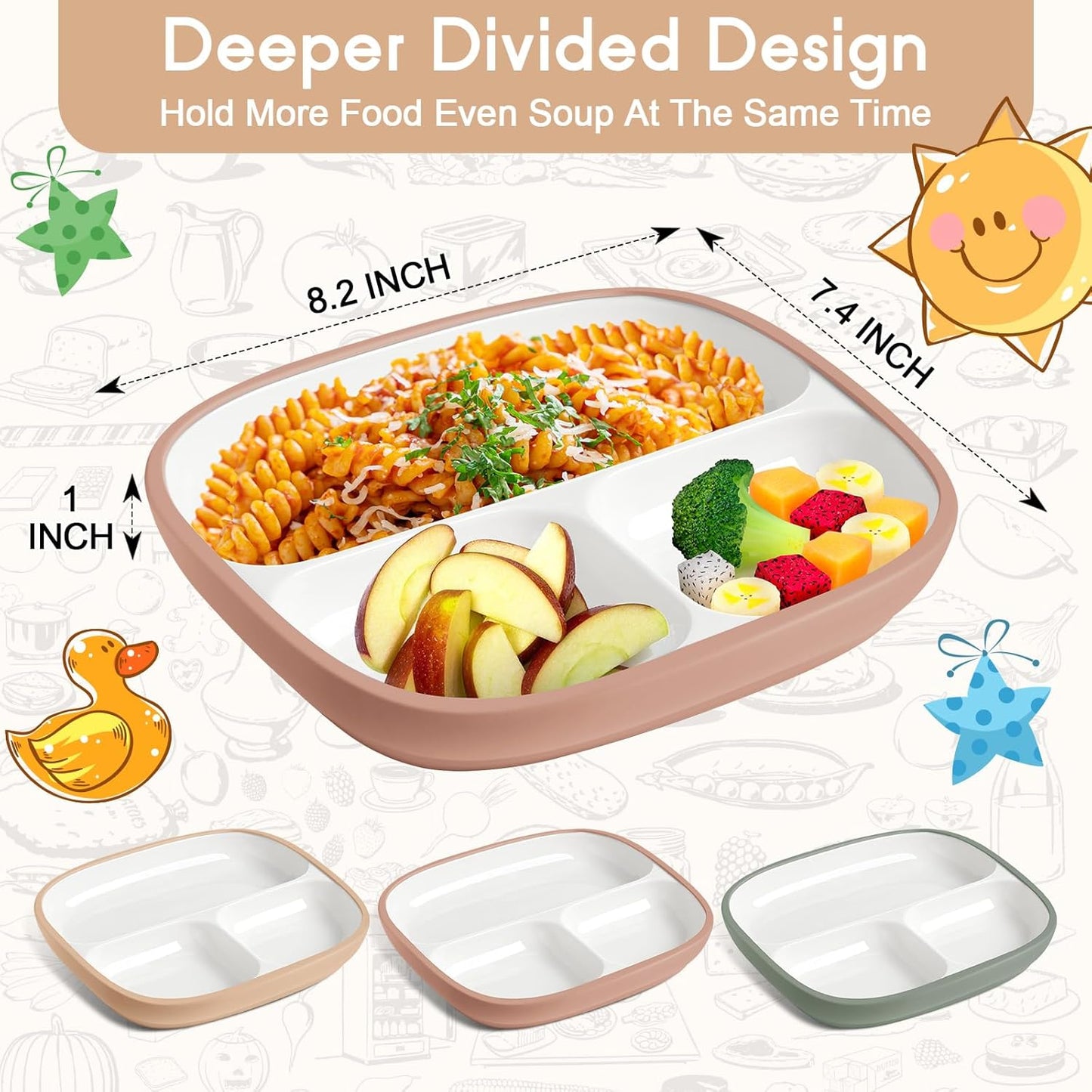 Domensi Kids Porcelain Plates with Silicone Sleeves 8.2 Inch Divided Porcelain Plate Toddler White Suction Dishes for Baby Troubleless Eating Microwave Dishwasher Safe(Stylish,3 Set)
