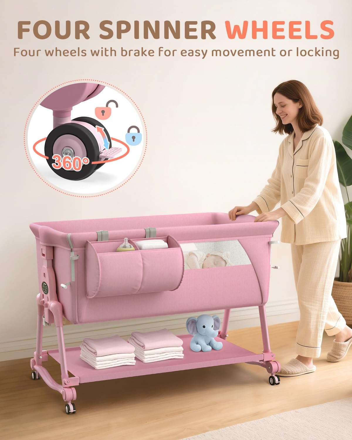 BIERUM Baby Bassinet Bedside Crib - 4 in 1 Bassinet Bedside Sleeper with Wheels, Mattress and Breathable Sides, 7 Height Adjustable, Stable and Secure Crib for Newborns
