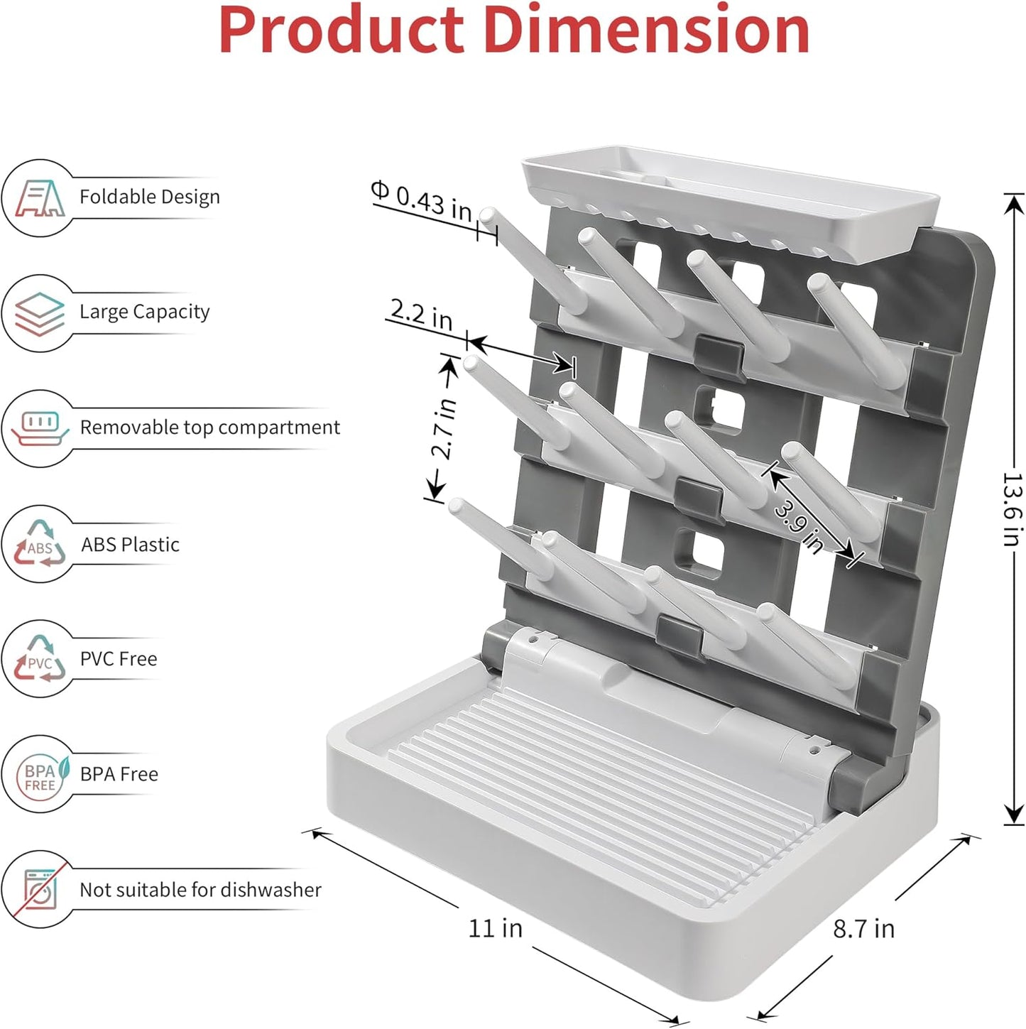 Baby Bottle Drying Rack, Vertical Standing Bottle Drying Rack Holder-Space Saving Baby Bottle Organizer for Countertop-Holds Up to 12 Baby Bottles & Pump Parts (White & Dark Gray)