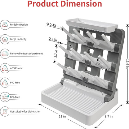 Baby Bottle Drying Rack, Vertical Standing Bottle Drying Rack Holder-Space Saving Baby Bottle Organizer for Countertop-Holds Up to 12 Baby Bottles & Pump Parts (White & Dark Gray)