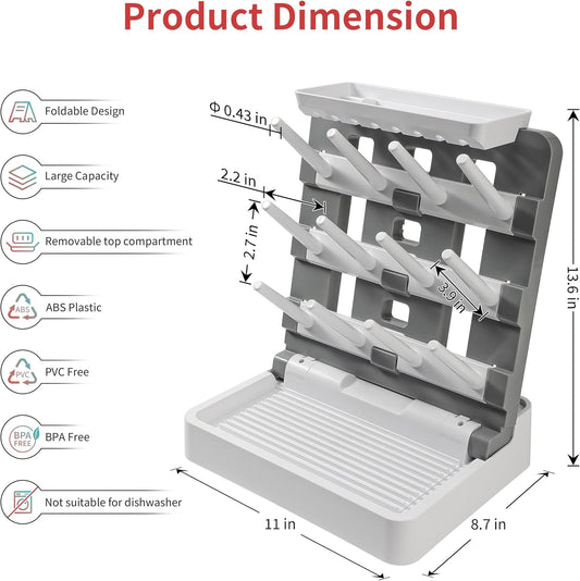 Baby Bottle Drying Rack, Vertical Standing Bottle Drying Rack Holder-Space Saving Baby Bottle Organizer for Countertop-Holds Up to 12 Baby Bottles & Pump Parts (White & Dark Gray)