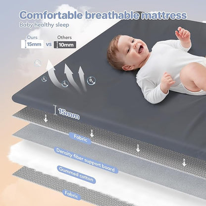 ELEMARA 2 in 1 Baby Travel Crib Easy-Set Up,Portable Crib with Comfortable Mattress and Lightweight-Foldable Crib with Long-Lasting Playard, Indoor & Outdoor Playpen, Pack and Play for Toddler