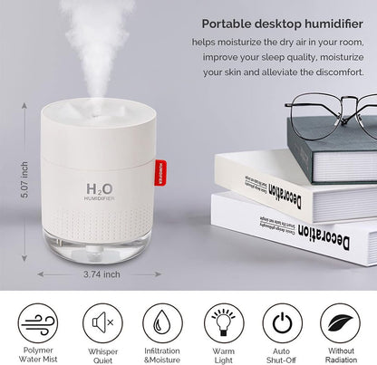 Portable Mini Humidifier, 500ml Small Cool Mist Humidifier, USB Personal Desktop Humidifiers for Baby Bedroom Travel Office Home, Auto Shut-Off, 2 Mist Modes, Super Quiet, White