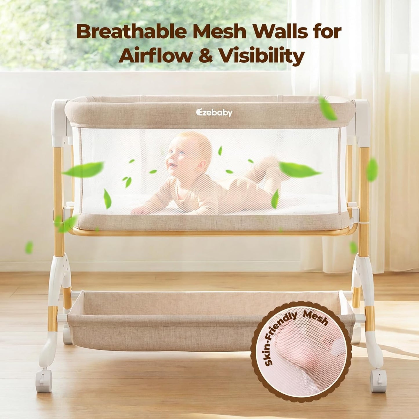 Ezebaby 3 in 1 Baby Bassinet Bedside Sleeper, Rocking Bassinet for Baby with Comfy Mattress & Breathable Full Mesh Sides, 7 Height Adjustable | Portable Crib for Newborns with Lockable Wheels