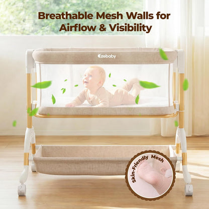 Ezebaby 3 in 1 Baby Bassinet Bedside Sleeper, Rocking Bassinet for Baby with Comfy Mattress & Breathable Full Mesh Sides, 7 Height Adjustable | Portable Crib for Newborns with Lockable Wheels