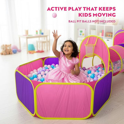Playz 5pc Kids' Play Tents & Tunnels - Ball Pit for Toddlers, Basketball Hoop, Crawling Tubes, Pop-Up Playhouses, Baby Obstacle Course for Indoor or Outdoor Use