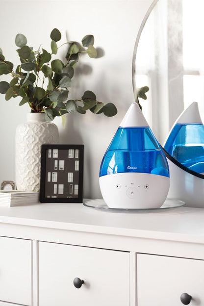 Crane 4-in-1 Drop 2.0 Ultrasonic Cool Mist Humidifier with Sound Machine, Night Light, Aroma Tray, 1 Gallon Top Fill, Blue & White