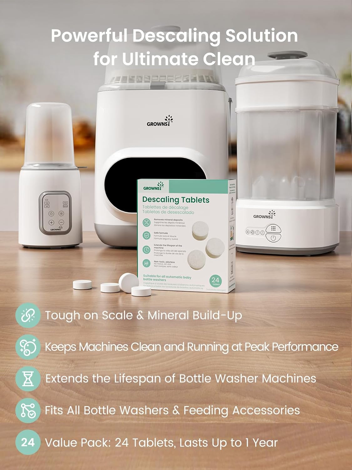 GROWNSY Descaling Tablets for Bottle Washers, 12 Count Descaler Tablets to Remove Limescale & Mineral Buildup, Compatible with Momcozy and Baby Brezza Baby Bottle Washer