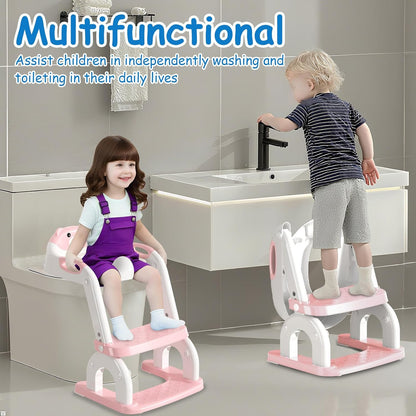 Potty Training Seat with Step Stool for Toddlers - Upgrade 2-in-1 Toilet Seat Toilet Ladder for Kids Children Boys Girls, Anti-Slip Pad & Adjustable Height with Waterproof - Pink