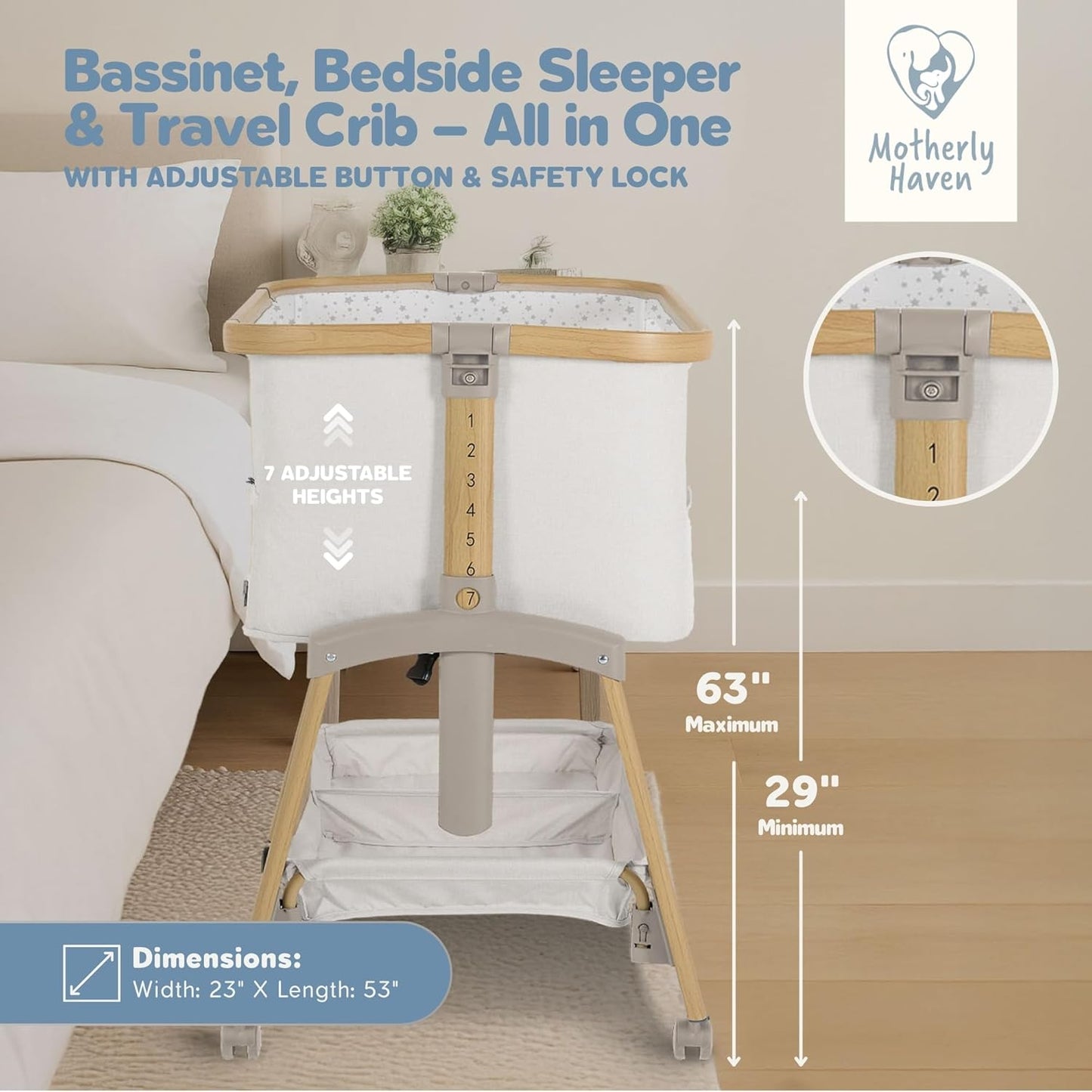 Motherly Haven Baby Bassinet Bedside Sleeper, Portable Crib for Newborns, Adjustable 7-Height Auto-Lock, with Wheels, Soft Mattress & Breathable Mesh (Light Grey)