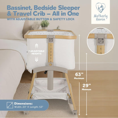 Motherly Haven Baby Bassinet Bedside Sleeper, Portable Crib for Newborns, Adjustable 7-Height Auto-Lock, with Wheels, Soft Mattress & Breathable Mesh (Light Grey)
