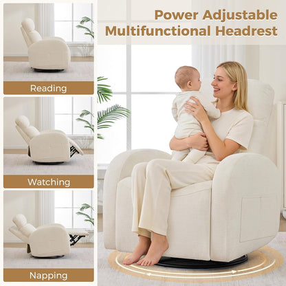 Dual Motors Power Recliner with Adjustable Headrest, Electric Swivel Rocker Recliner for Nursery, Glider Reclining Rocking Nursery Chairs for Small Space, Living Room, Bedroom, Chenille Cream White