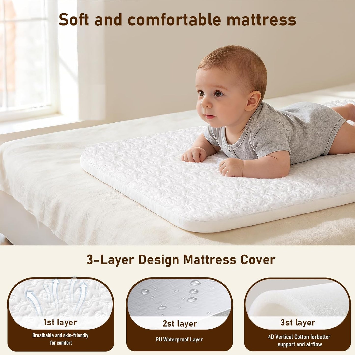 3 in 1 Baby Bassinet Bedside Sleeper,Bedside/Rocking Bassinet for Baby with Waterproof Comfy Mattress and Lockable Wheels,7 Adjustable Height, Easy Folding Portable Crib for Newborn-Khaki