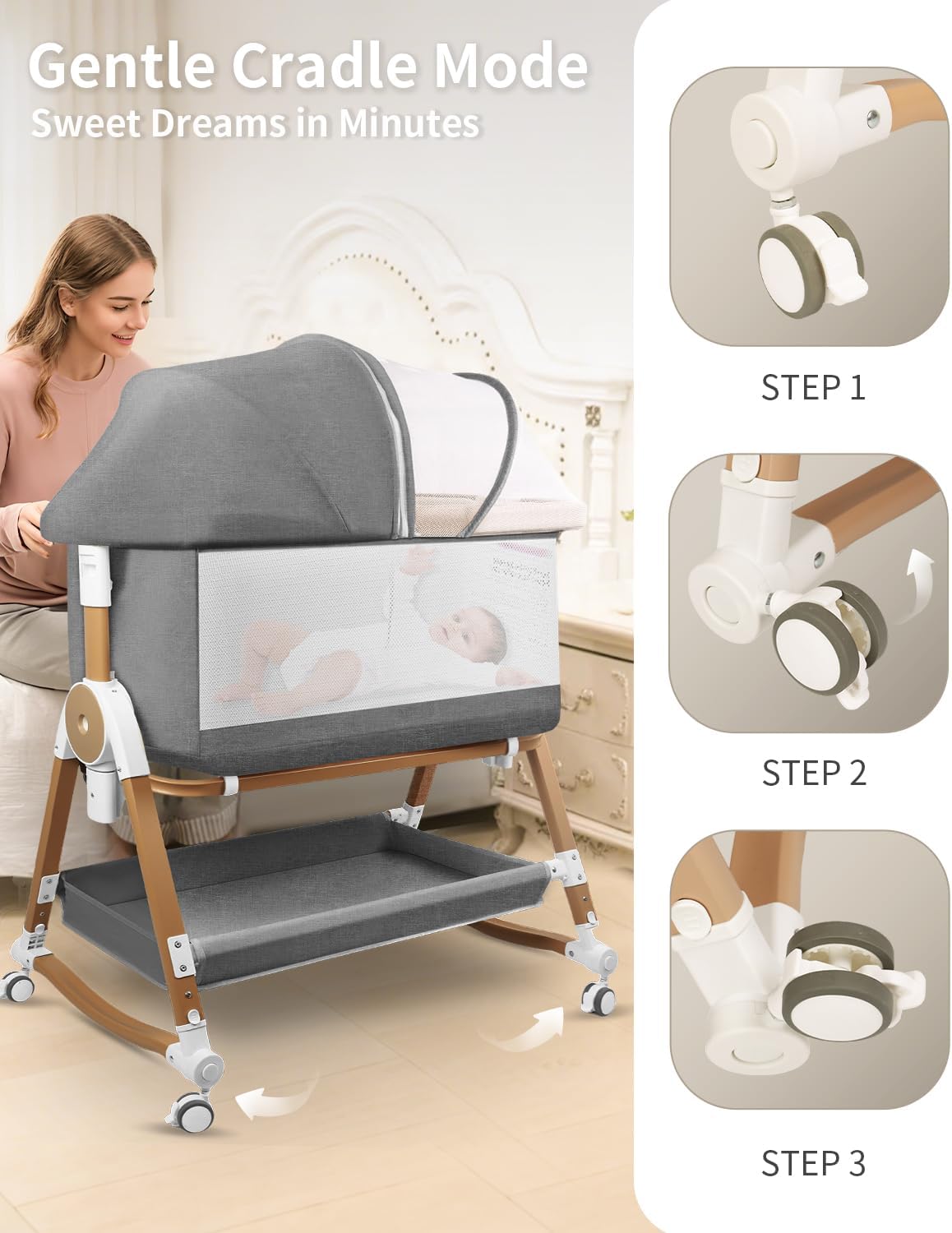 suihuooo 4 in 1 Baby Bassinet, Bassinets Bedside Sleeper with Wheels and Storage Basket, Adjustable 7 Heights Bedside Sleeper with Mosquito Net, Breathable Mesh Rocking Bassinet for Baby