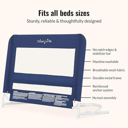 Dream On Me Lightweight Mesh Security Adjustable Bed Rail for Toddler, Breathable Mesh Fabric, Suitable for All Types of Beds, Reinforced Anchor System Bed Guard Rail, Navy