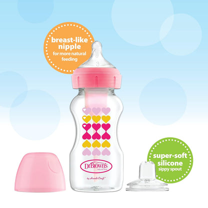 Dr. Brown's Anti-Colic Options+ Wide-Neck Sippy Bottle Starter Kit, 9oz/270mL, with Level 3 Medium-Fast Flow Nipple and Soft 100% Silicone Sippy Spout, Green, BPA-Free, 6m+, 2-Pack