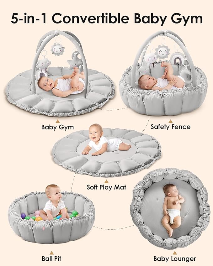 5-in-1 Convertible Baby Gym Play Mat with Hanging Toys, Soft Padded Activity Center & Ball Pit, Plush Tummy Time Mat for Newborns to Toddlers, Machine Washable, Gray