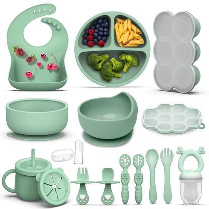 16 Pack Silicone Baby Feeding Set, BPA-Free Baby LED Weaning Supplies, Include Suction Plates, Baby Bowls, Silicone Fork & Spoon, and More, First Stage Baby Food Eating Utensils - 6+ Months(Blue, 16)