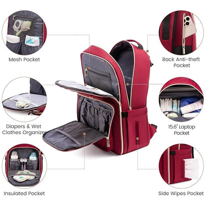 LOVEVOOK Diaper Bag Backpack, Quilted Baby Bag with Changing Pad & Pacifier Holder, Waterproof Travel Diaper Bags for Baby Boys Girls, Stylish and Large Capacity,Wine Red