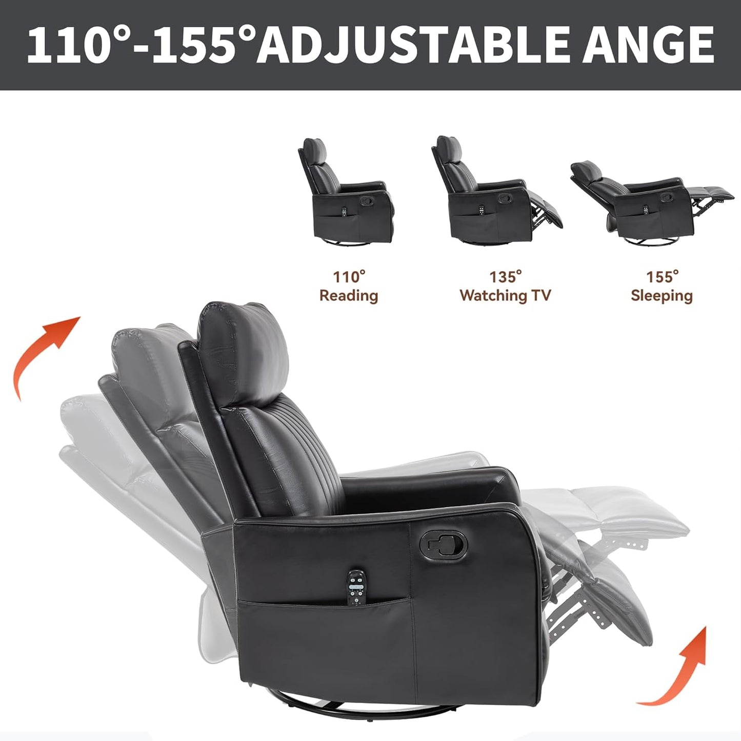Swivel Rocker Recliner Chair for Adults, Nursery Rocking Chair with Heat and Massage, Glider Reclining Chair for Small Space Living Room Bedroom, Faux Leather Black