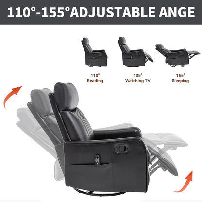 Swivel Rocker Recliner Chair for Adults, Nursery Rocking Chair with Heat and Massage, Glider Reclining Chair for Small Space Living Room Bedroom, Faux Leather Black