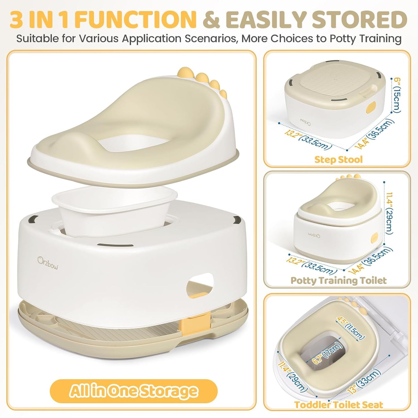 Orzbow 3-in-1 Toddler Potty Training Toilet | Baby Potty Chair, Toilet Topper Training Seat and Step Stool for Boys and Girls, Easy-to-Clean with Splash Guard and Lid, Grey