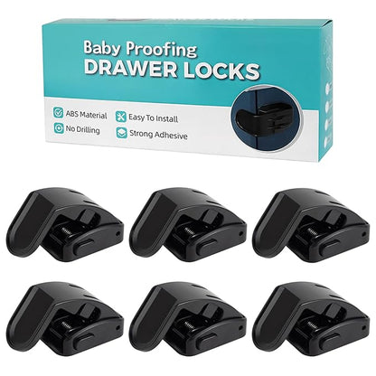 Maveek Baby Proof Drawer Locks 6 Pack, Toddler Proofing Lock For Corner Drawer Nightstand Cabinet Thinner Door Kitchen Cupboard, Baby Safety Furniture Latch For 0-12 Month Infants (6Black)