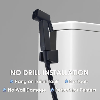Handheld Bidet Sprayer for Toilet, Lockable Push Button, High Pressure Bathroom Sprayer, Cloth Diaper & Personal Hygiene Sprayer, Tank Mount No-Drill Install, Stainless Hose Set, Black Color