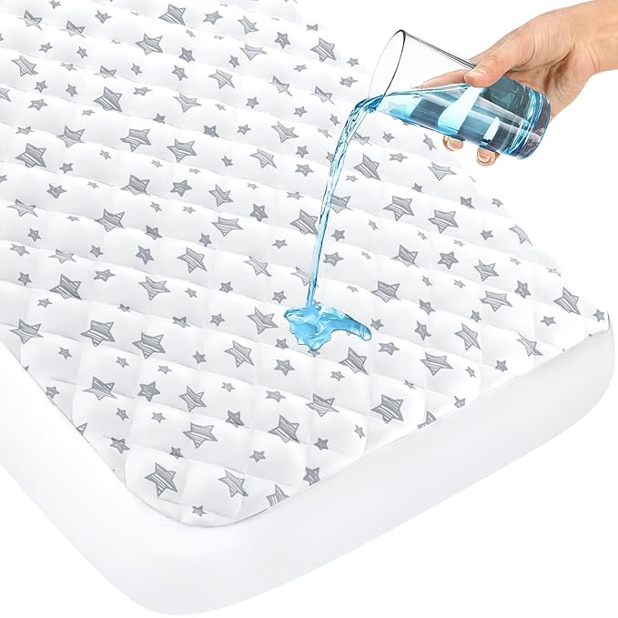 Crib Mattress Protector Waterproof, Quilted Crib Mattress Pad Cover 52" x 28" Extra Soft Breathable Toddler Bed Cover Stretch Up to 8", White Star