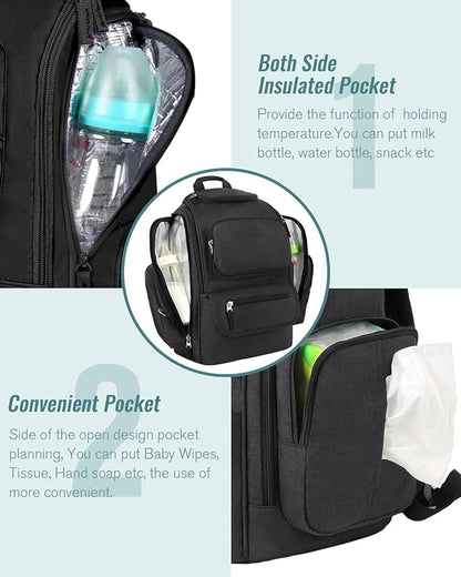 Mancro Diaper Bag Backpack, Extra Large Capacity Baby Diaper Backpack with 2 Insulated Pockets and Stroller Strap, Water Resistant Mens Diaper Bag for Travel，Black