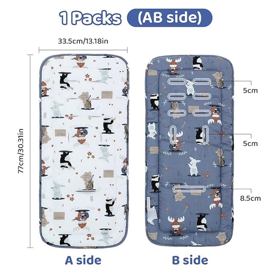 Baby Stroller Cushion,Infant Car Seat Insert-Reversible Universal Breathable and Soft Newborn Stroller Mat,100% Cotton Cover Toddler Seat Pad Liner-34x78cm,1 Pack(Music Animal White+Blue)