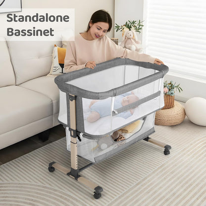 Cowiewie Bassinet Bedside Sleeper, Portable, Breathable, Adjustable Baby Bedside Bassinet for Peaceful Nights, Light Grey