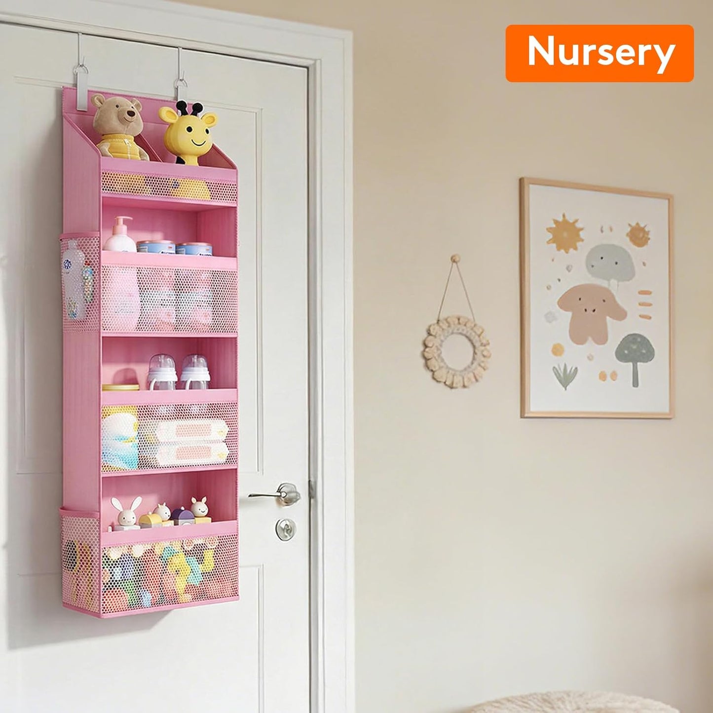 Lifewit 4 Tier Over the Door Diaper Organizer for Nursery, Large Heavy Duty Hanging Storage with 4 Mesh Side Pockets, Sturdy Back of Door Shelf for Baby Stuff Toy in Pantry, Laundry, Bathroom, Gray
