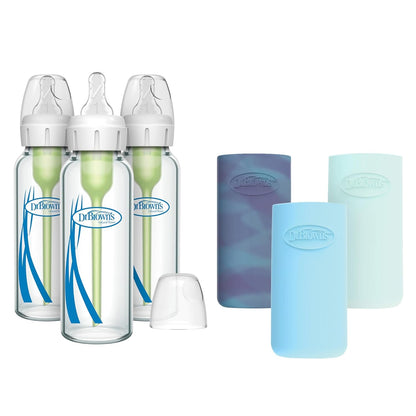 Dr. Brown's Anti-Colic Options+ Narrow Glass Baby Bottles 8 oz/250 mL, with Level 1 Slow Flow Nipple, 3 Pack 0m+ with Mint 100% Silicone Sleeves, BPA-Free