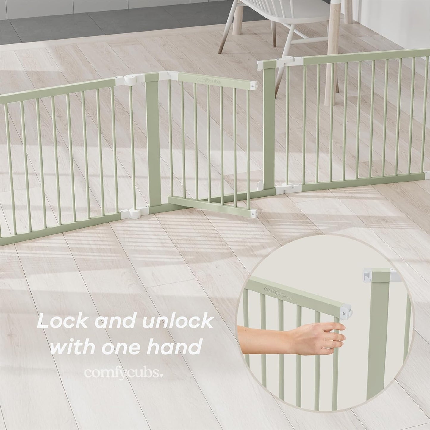 Comfy Cubs Baby Gate Playpen - 57 x 57 x 25 in, Extends Up to 228” - Pine Wood Foldable Playpen with Child-Proof Lock - Easy Assembly Baby Fence Play Area for Babies & Toddlers - Light Wood White