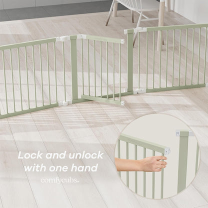 Comfy Cubs Baby Gate Playpen - 57 x 57 x 25 in, Extends Up to 228” - Pine Wood Foldable Playpen with Child-Proof Lock - Easy Assembly Baby Fence Play Area for Babies & Toddlers - Light Wood White