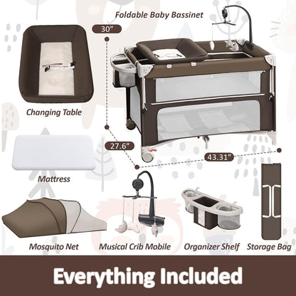 5-in-1 Baby Bassinet Bedside Sleeper, Foldable Pack and Play,One-Push Bedside Crib with Playard, Includes Mattress, Changing Table, Mosquito Net, Music Toy & Storage for Newborn to Toddler (Dark Grey)