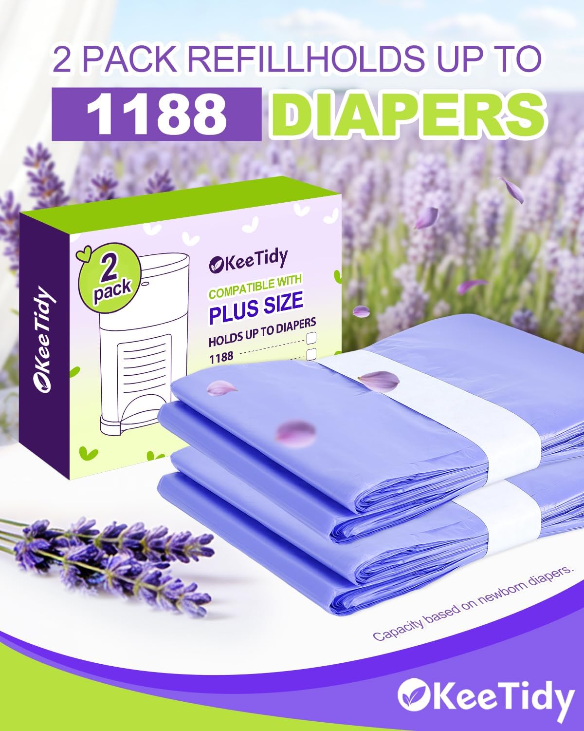 Diaper Pail Refill Bags Compatible with DEKOR PLUS Diaper Pails, 20% Extra Length Diaper Bags Disposable with Lavender Flavor, Holds up to 5940 Diapers, 10 Pack