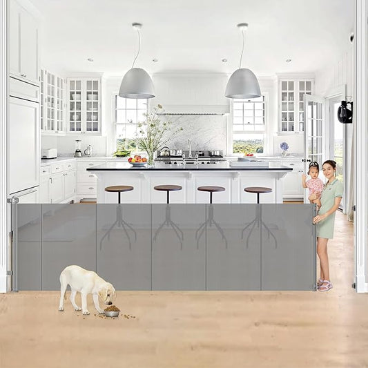 Reinforced 42” Tall x 130” Extra Wide Retractable Dog Gate Extra Tall Pet Gate with Rods to Prevent Crawling Through, Long Baby Gates for Dogs Child Safety Gate Mesh Dog Gate Indoor Outdoor, Gray