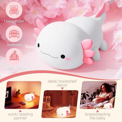 YR YRHH-PET Axolotl Night Light for Kids, Cute Squishy Rechargeable Axolotls Lamp, Unique White Pink Xmas Axolotl Gifts, Dimmable LED Silicone Nightlight, Baby Safe, Girls Room College Dorm Décor