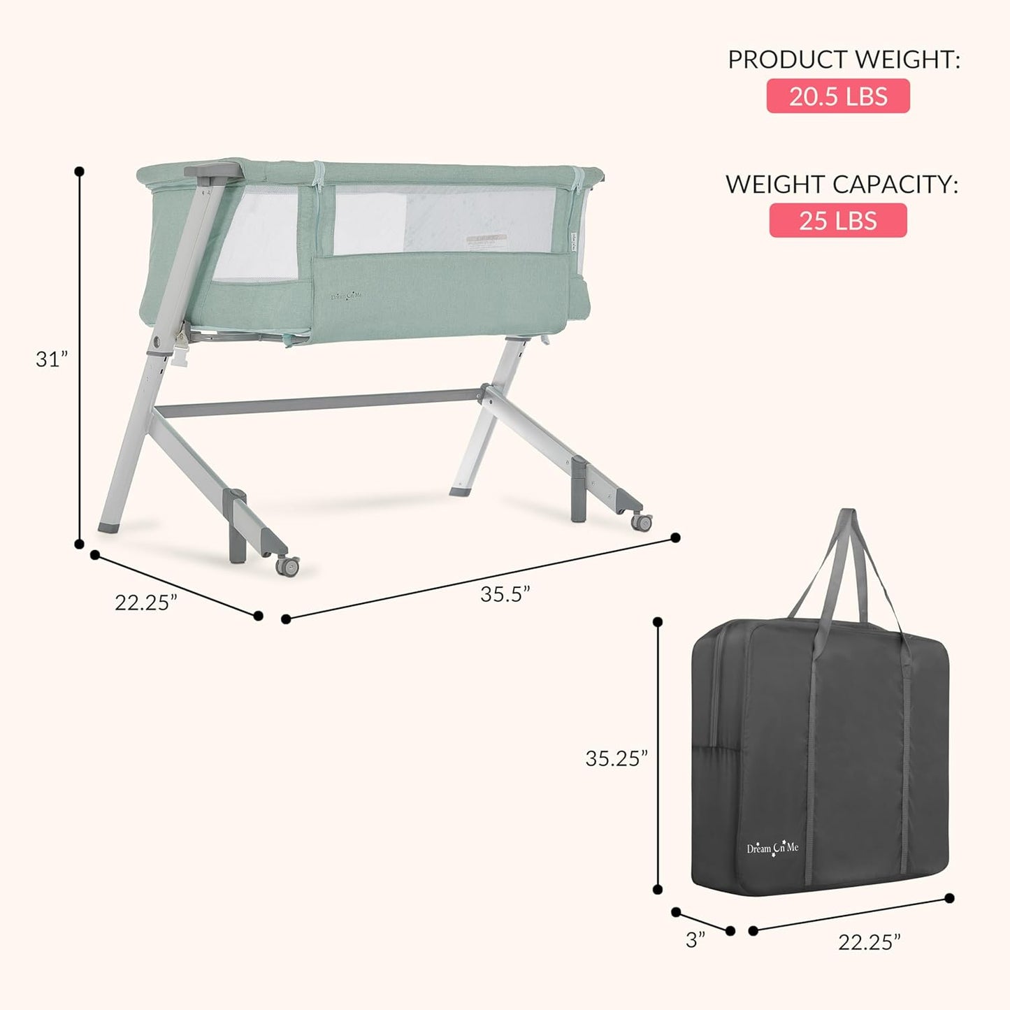 Dream On Me Skylar Bassinet and Bedside Sleeper, Adjustable Heights, Breathable Mesh Sides, Plush Mattress Pad, Wheels with Safety Locks & Tool-Free Assembly, Compact Fold & Travel Bag - Pink
