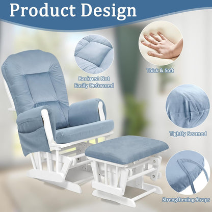BECHAEO 5PCS Suede Glider Rocker Replacement Cushions with Ottoman Cover Thicken Soft Rocking Chair Cushion Set for Indoor Nursery Glider Rocking Chair, Blue