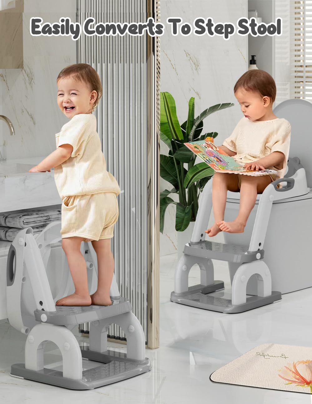 Potty Training Seat with Step Stool, Toddler Potty Training Toilet Seat with Non-Slip Step Splash Guard Safety Handles and Waterproof Cushion, 2 In 1 Toddler Potty Seat