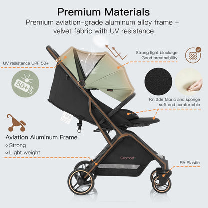 Gromast Gravity Folding Baby Stroller - Portable Travel Toddler Stroller w/Adjustable Backrest, Canopy & Cup Holder, Lightweight and UV Protected, One-Hand Automatic Folding - Green