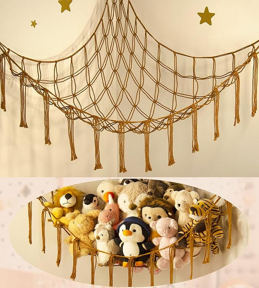 mirolam Stuffed Animal Hammock-Large Stuffed Animal Net For Toys Corner-Hanging Stuff Animal Toy Storage Organizer For Plush Plushie Display Caramel Toy Storage Girl Room Bedroom Boho Nursery Decor