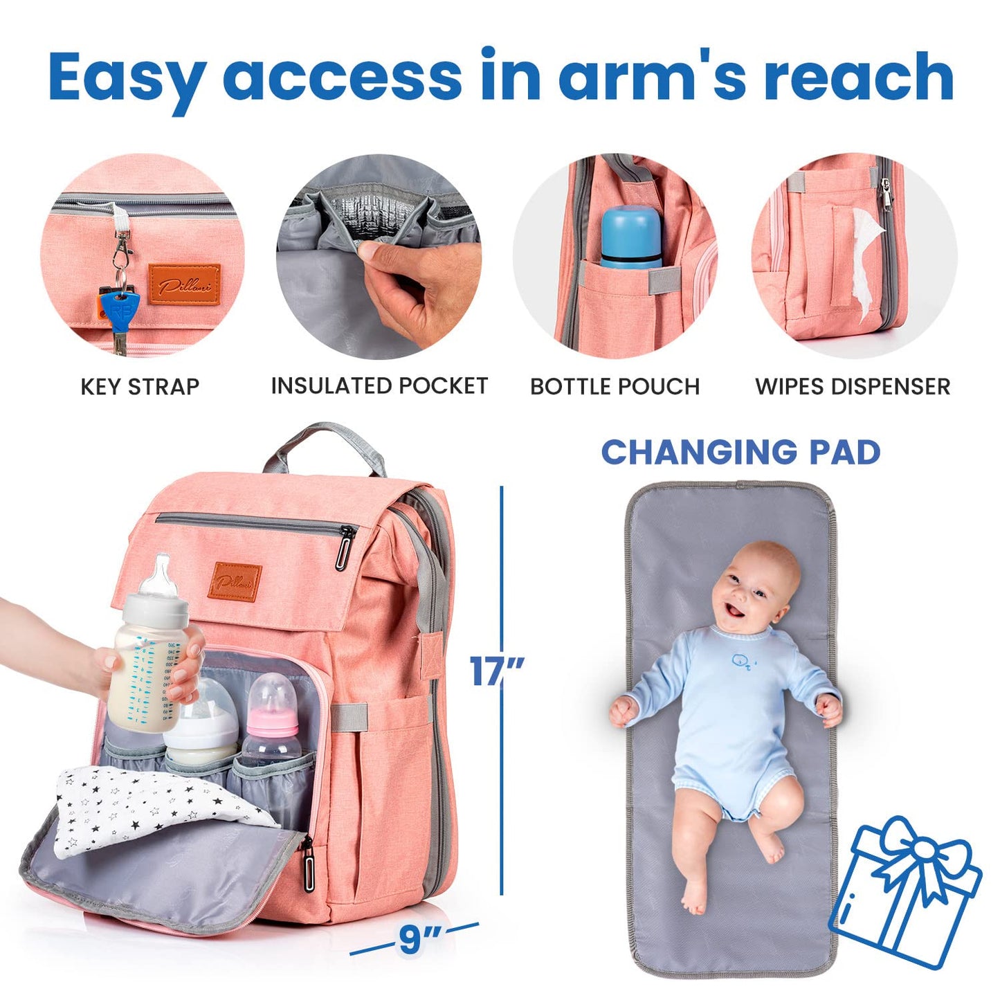 PILLANI Baby Diaper Bag Backpack - Large Waterproof Travel Diaper Bag for Boys & Girls, 16 Organizer Pockets with Changing Pad, Insulated Bottle Pockets & Stroller Straps, Baby Shower Gifts, Dinosaur
