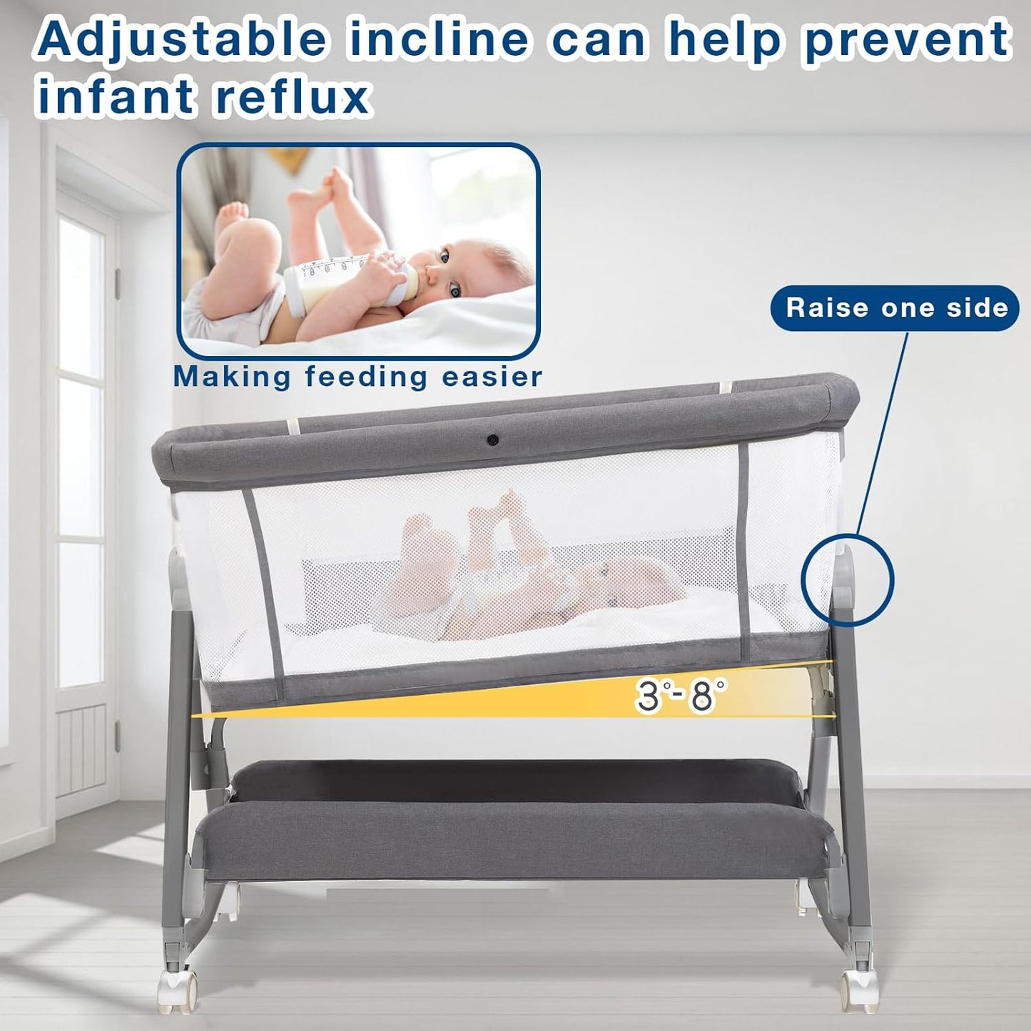 Jixrolyn 3 in 1 Baby Bassinet Bedside Sleeper, Height Adjustable Bedside Bassinet for Newborn and Infant with Mattress, Storage Basket, and Wheels (Grey)