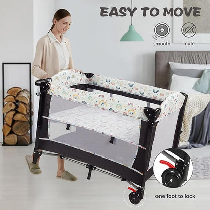 Kinder King 4 in 1 Portable Baby Playard, Foldable Baby Bedside Crib w/Bassinet, Infant Pack and Play Playard Toddler Large Playpen, Newborn Changing Table, Storage Basket,Multicolour